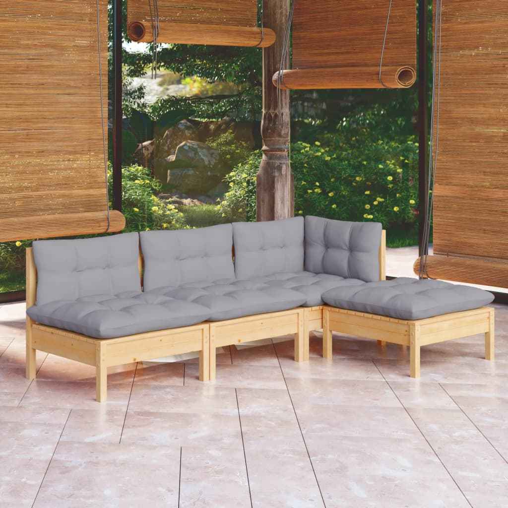 vidaXL 4 pcs conjunto lounge de jardim c/ almofadões cinza pinho