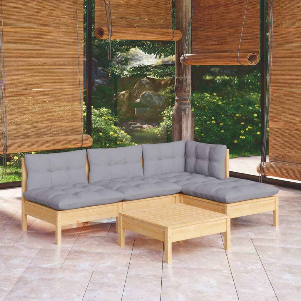 vidaXL 5 pcs conjunto lounge de jardim c/ almofadões cinzentos pinho