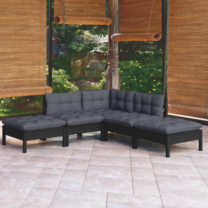 vidaXL 5 pcs conjunto lounge de jardim c/ almofadões cinza pinho