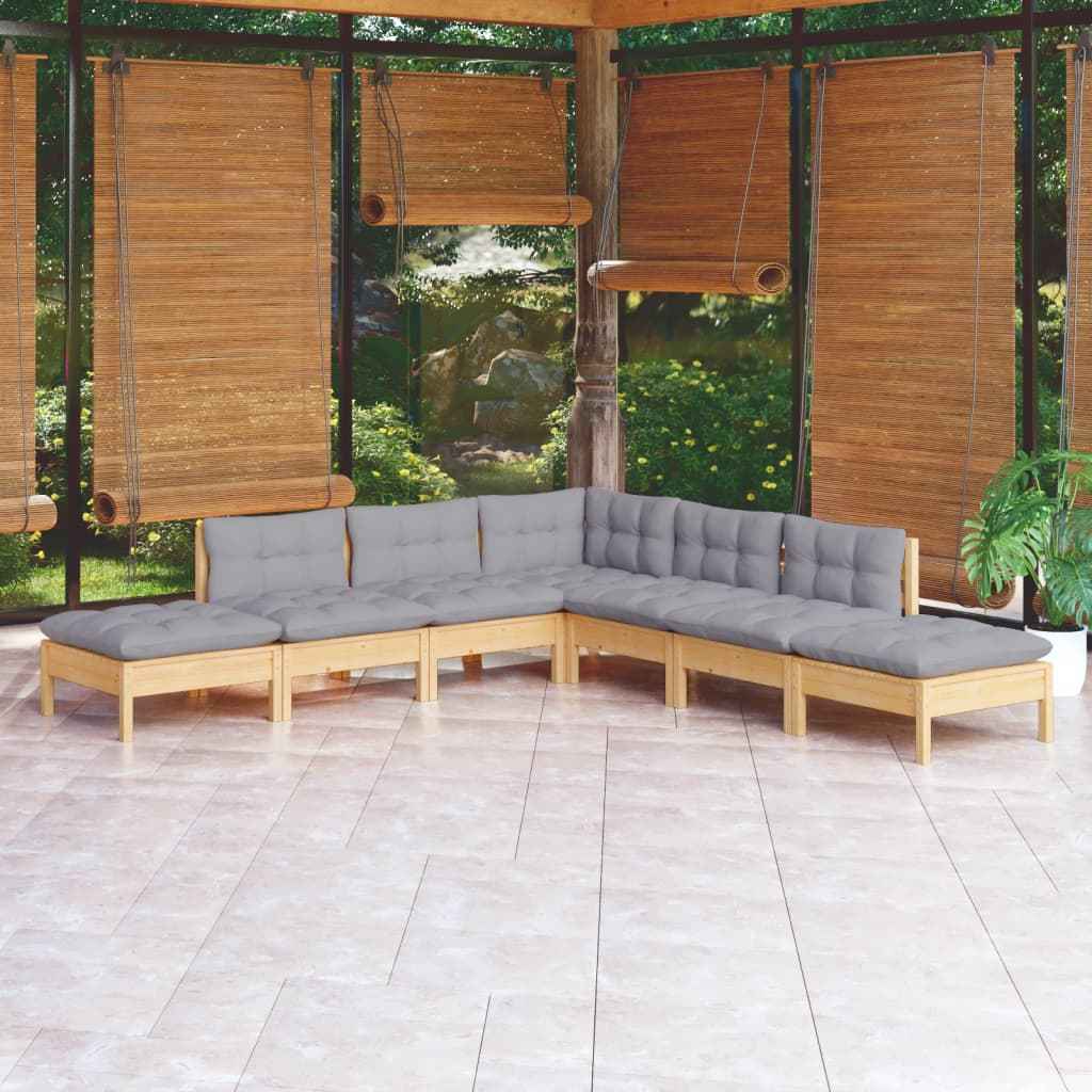 vidaXL 7 pcs conjunto lounge de jardim c/ almofadões cinza pinho