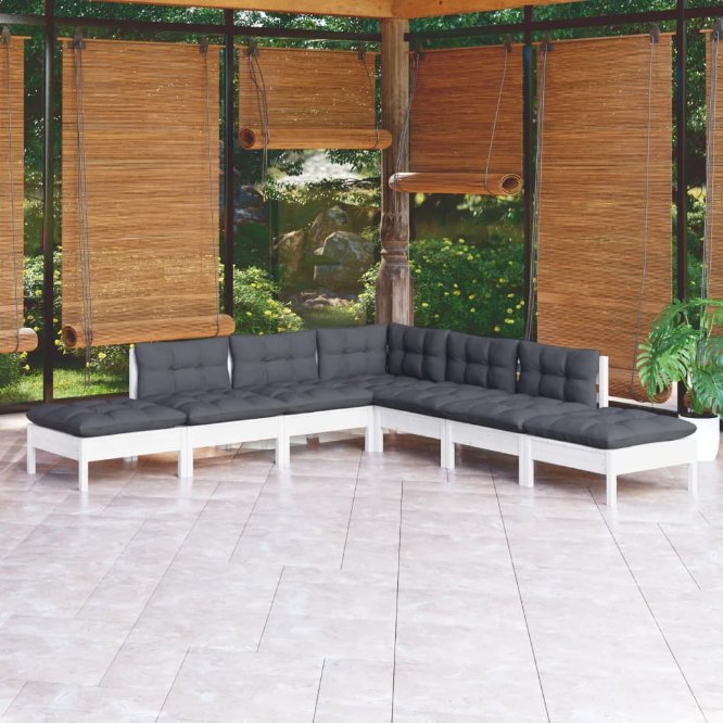 vidaXL 7 pcs conjunto lounge de jardim c/ almofadões cinza pinho