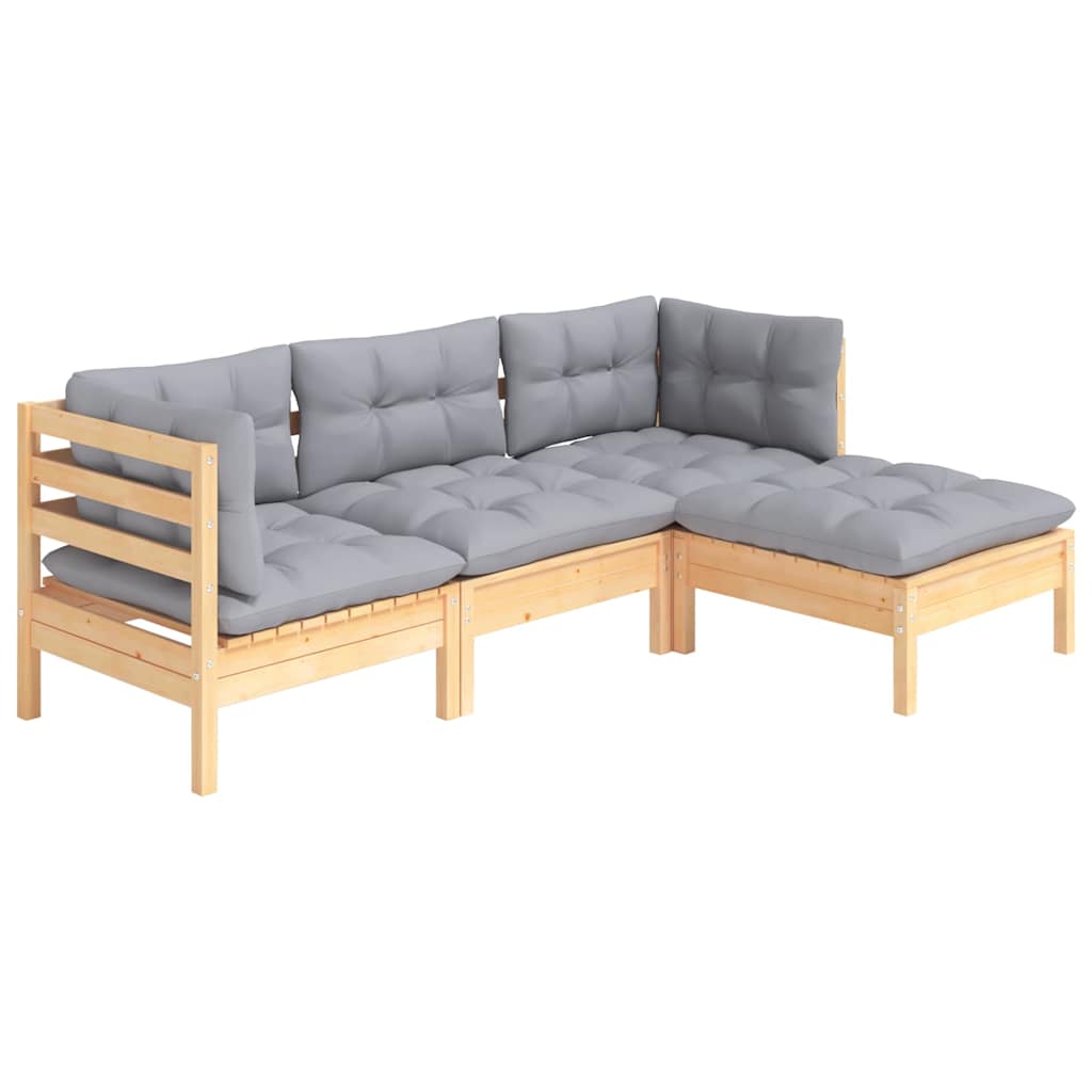 vidaXL 4 pcs conjunto lounge de jardim c/ almofadões cinzentos pinho