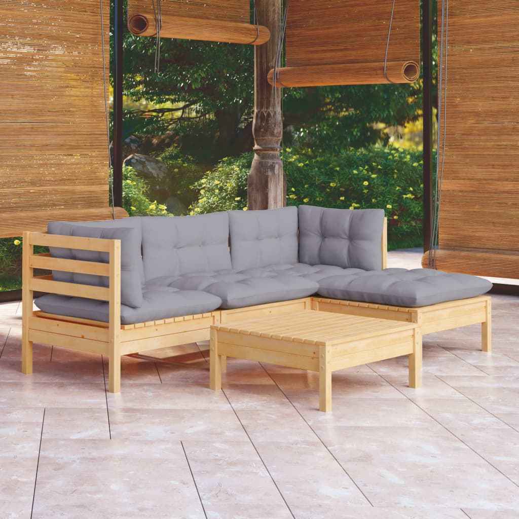 vidaXL 5 pcs conjunto lounge de jardim c/ almofadões cinza pinho