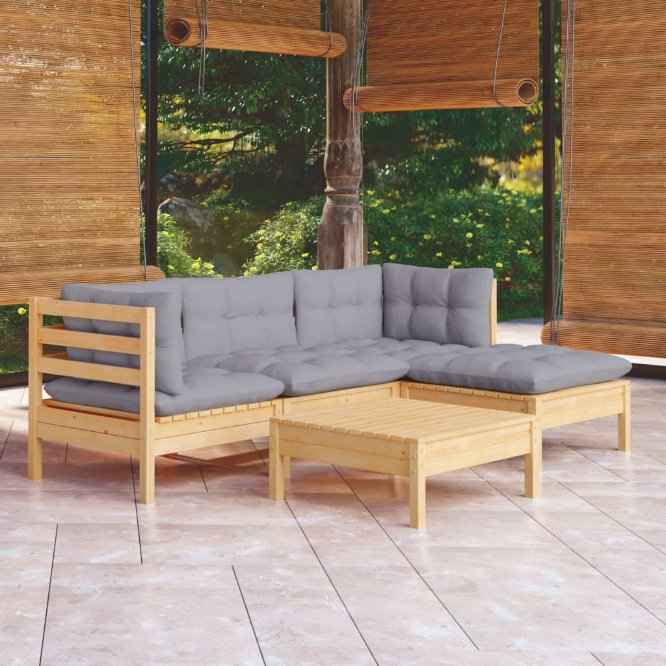 vidaXL 5 pcs conjunto lounge de jardim c/ almofadões cinza pinho