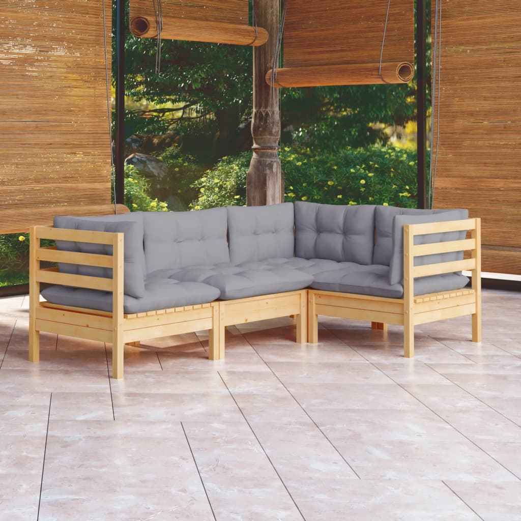 vidaXL 4 pcs conjunto lounge de jardim c/ almofadões cinza pinho