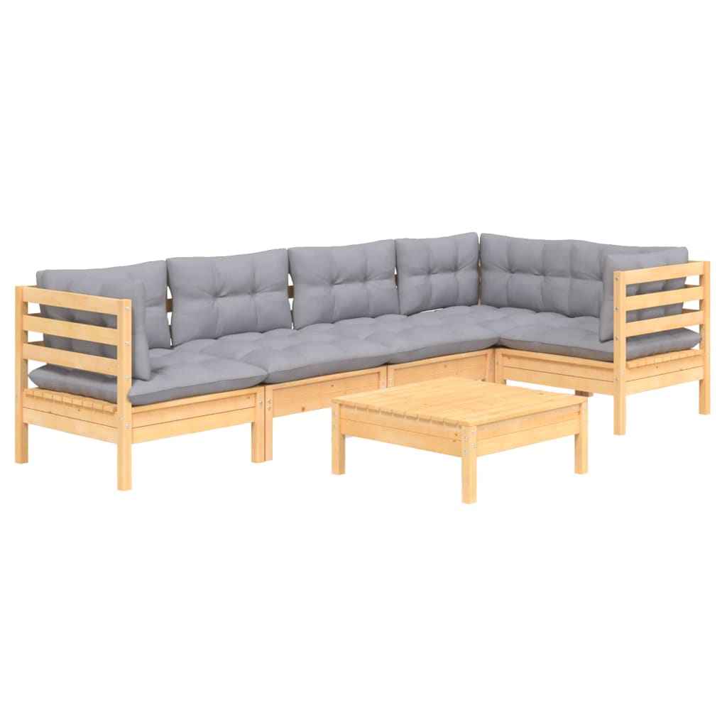 vidaXL 6 pcs conjunto lounge de jardim c/ almofadões cinza pinho