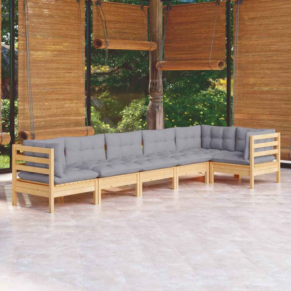 vidaXL 6 pcs conjunto lounge de jardim c/ almofadões cinza pinho