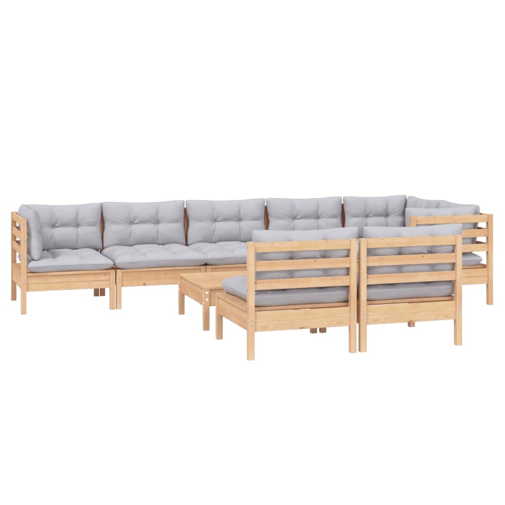 vidaXL 9 pcs conjunto lounge de jardim + almofadões cinza pinho maciço