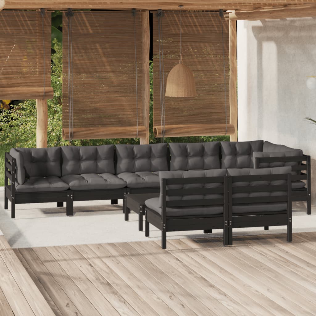 vidaXL 9 pcs conjunto lounge de jardim + almofadões cinza pinho maciço