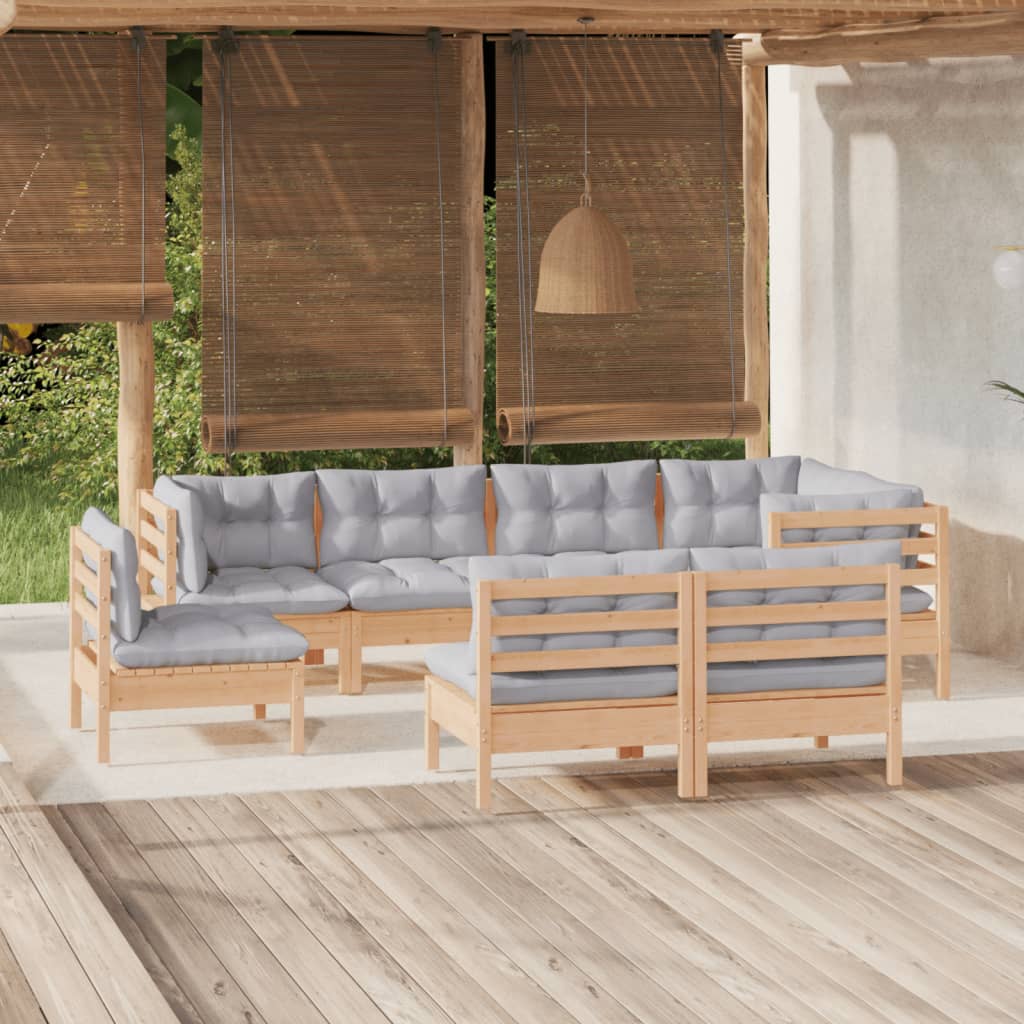 vidaXL 8 pcs conjunto lounge de jardim + almofadões cinza pinho maciço