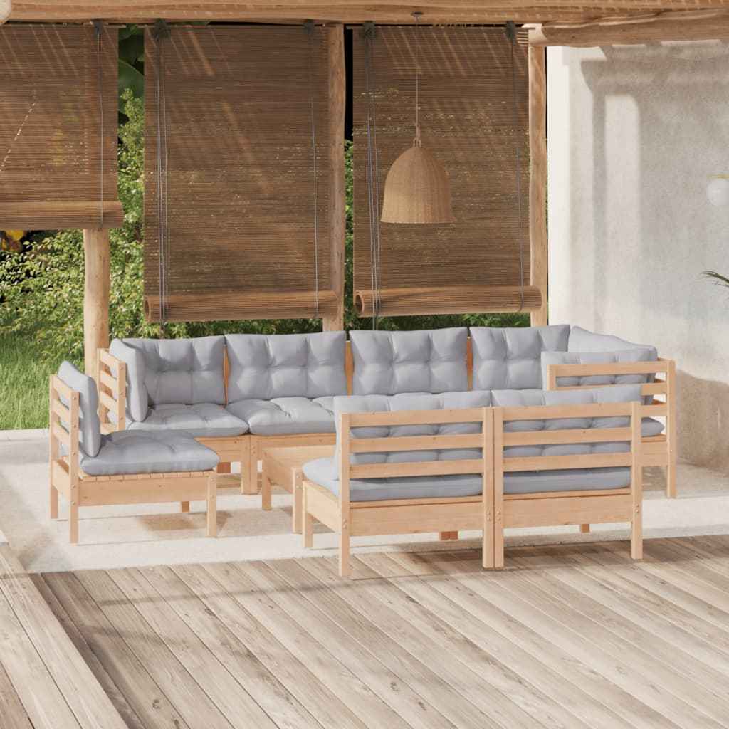 vidaXL 9 pcs conjunto lounge de jardim + almofadões cinza pinho maciço