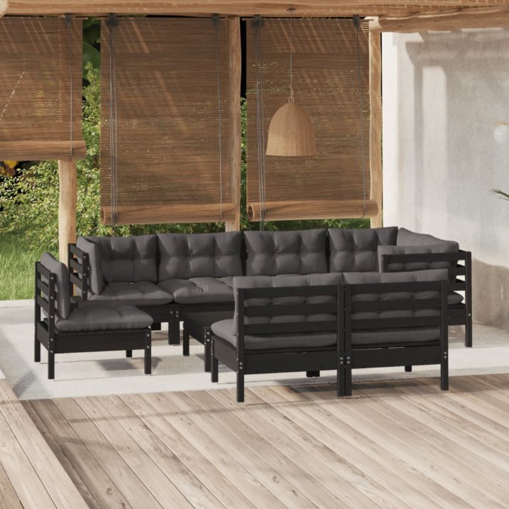 vidaXL 9 pcs conjunto lounge de jardim + almofadões cinza pinho maciço