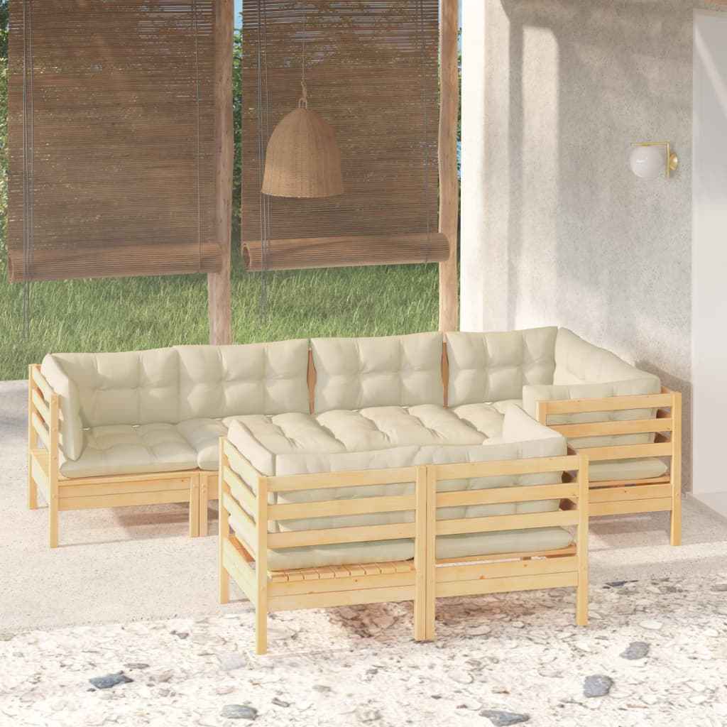 vidaXL 7 pcs conjunto lounge jardim c/ almofadões creme pinho maciço