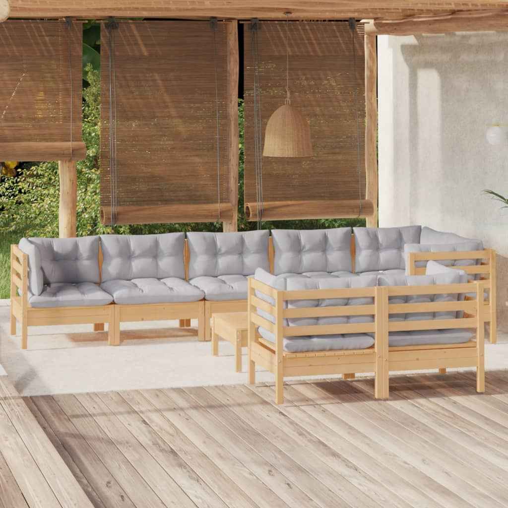 vidaXL 9 pcs conjunto lounge de jardim + almofadões cinza pinho maciço