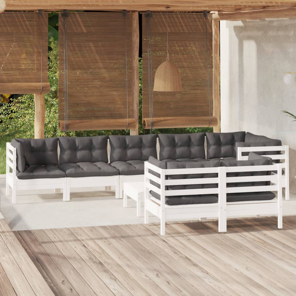 vidaXL 9 pcs conjunto lounge de jardim + almofadões cinza pinho maciço