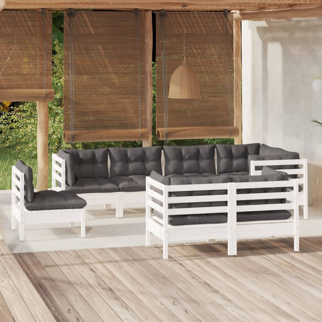 vidaXL 8 pcs conjunto lounge de jardim + almofadões cinza pinho maciço