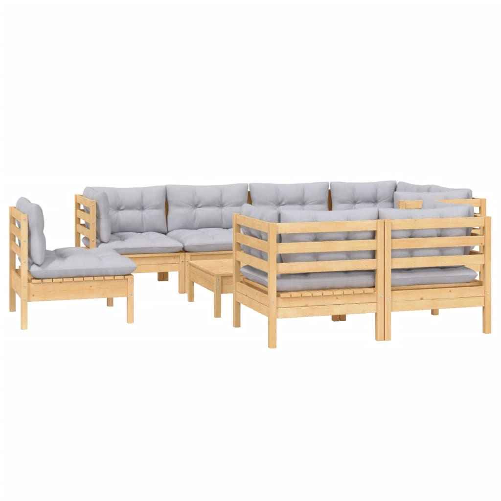 vidaXL 9 pcs conjunto lounge de jardim + almofadões cinza pinho maciço