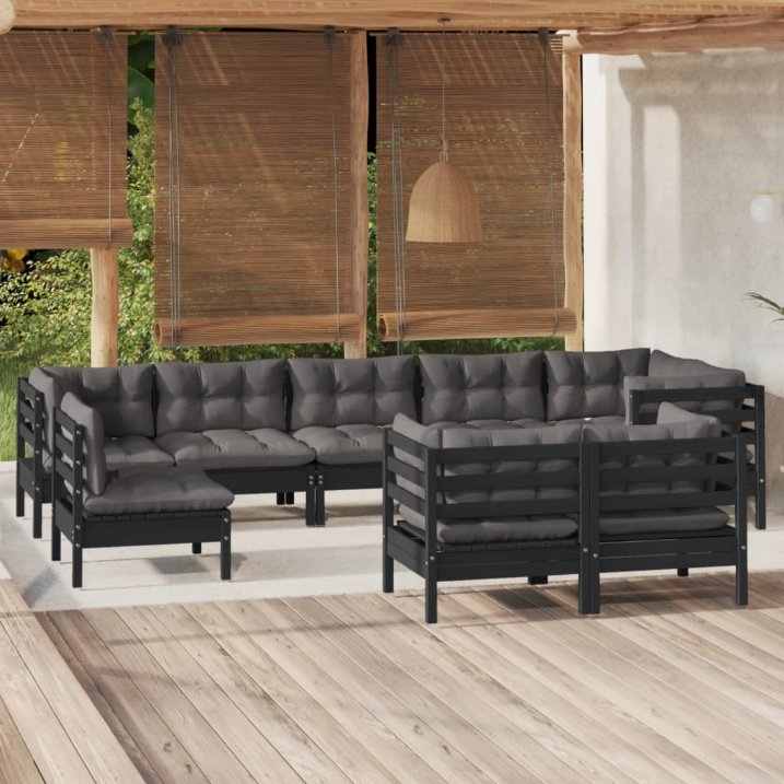 vidaXL 9 pcs conjunto lounge de jardim + almofadões cinza pinho maciço