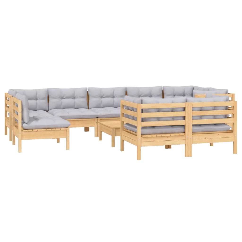 vidaXL 10pcs conjunto lounge de jardim + almofadões cinza pinho maciço