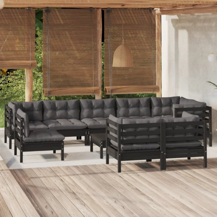 vidaXL 10pcs conjunto lounge de jardim + almofadões cinza pinho maciço