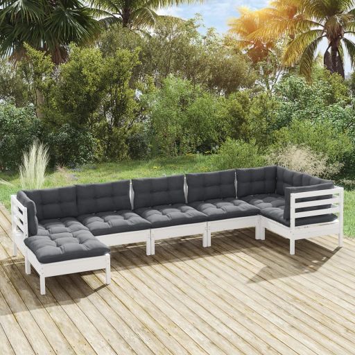 vidaXL 7 pcs conjunto lounge de jardim + almofadões cinza pinho maciço