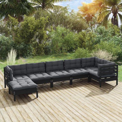 vidaXL 7 pcs conjunto lounge de jardim + almofadões cinza pinho maciço