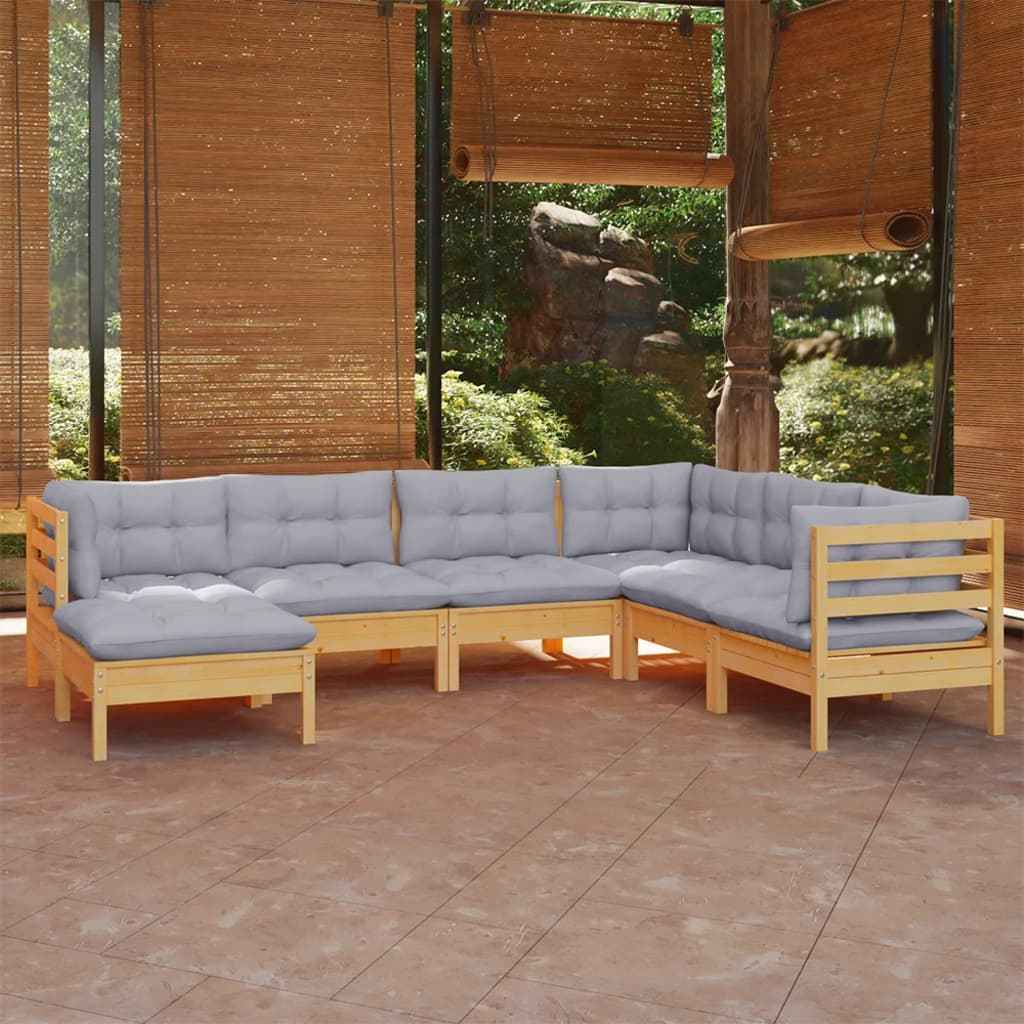 vidaXL 7 pcs conjunto lounge de jardim + almofadões cinza pinho maciço