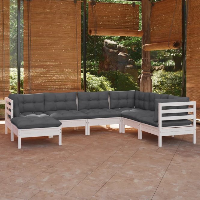 vidaXL 7 pcs conjunto lounge de jardim + almofadões cinza pinho maciço