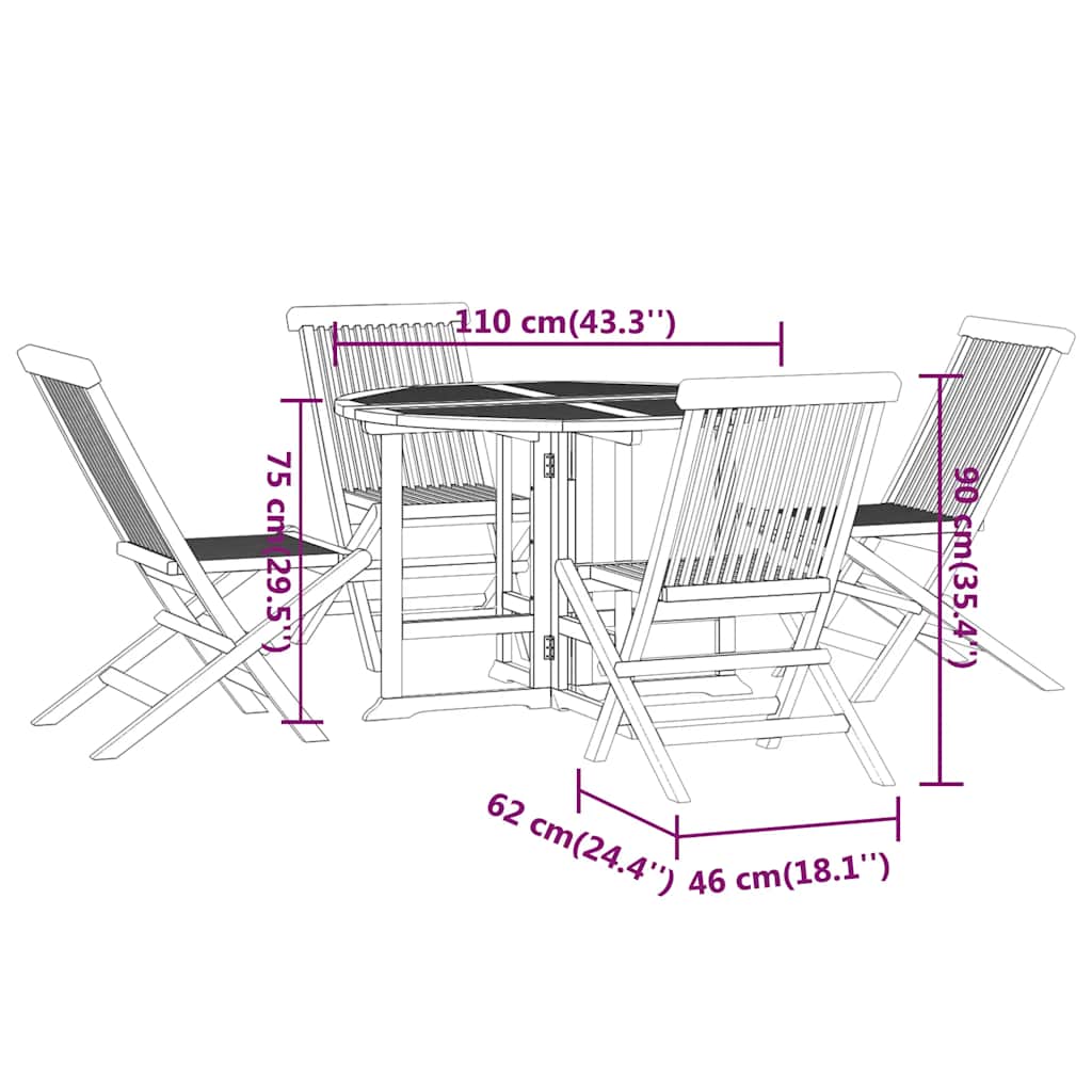 vidaXL 5 pcs conjunto jantar dobrável p/ exterior madeira teca maciça