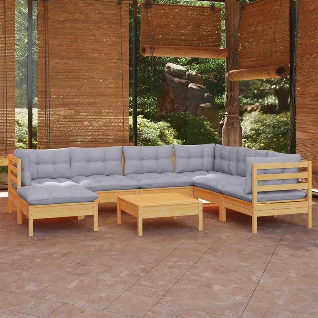 vidaXL 8 pcs conjunto lounge de jardim + almofadões cinza pinho maciço