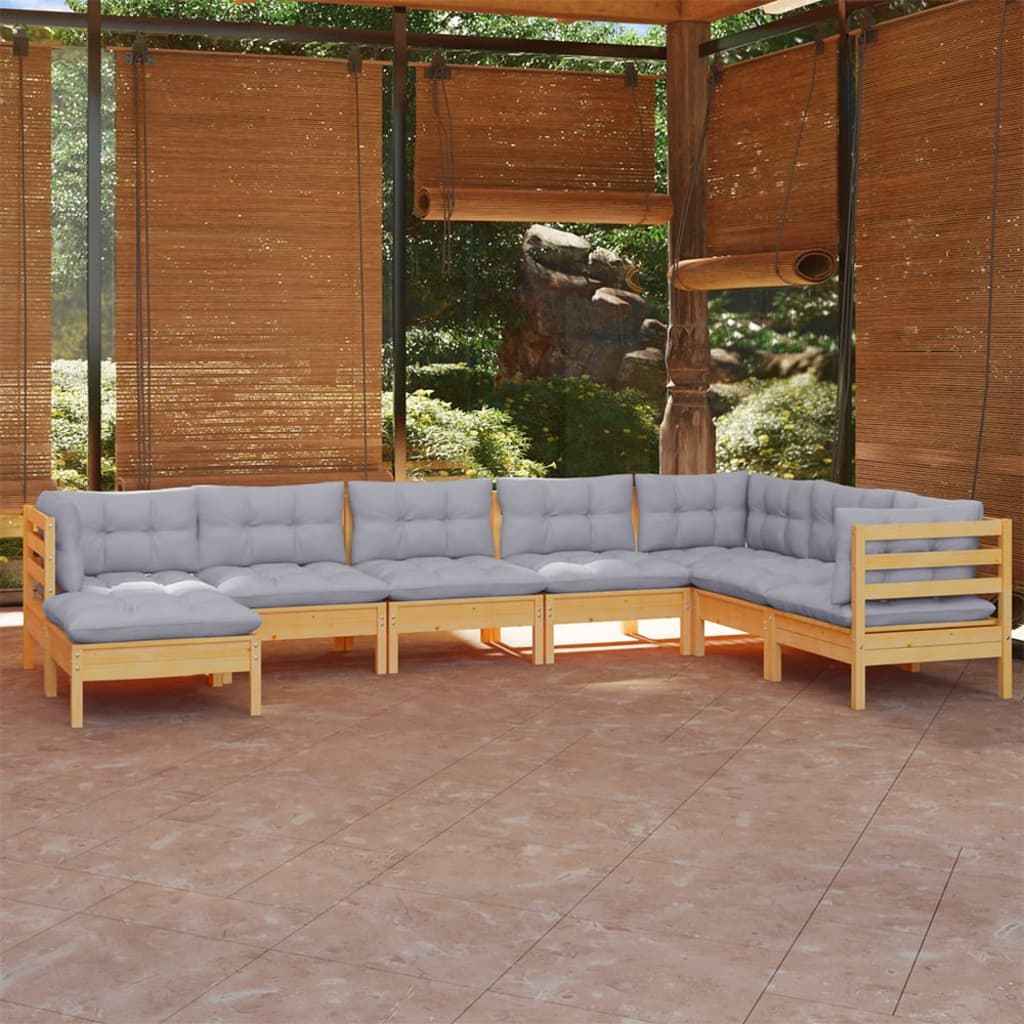 vidaXL 8 pcs conjunto lounge de jardim + almofadões cinza pinho maciço