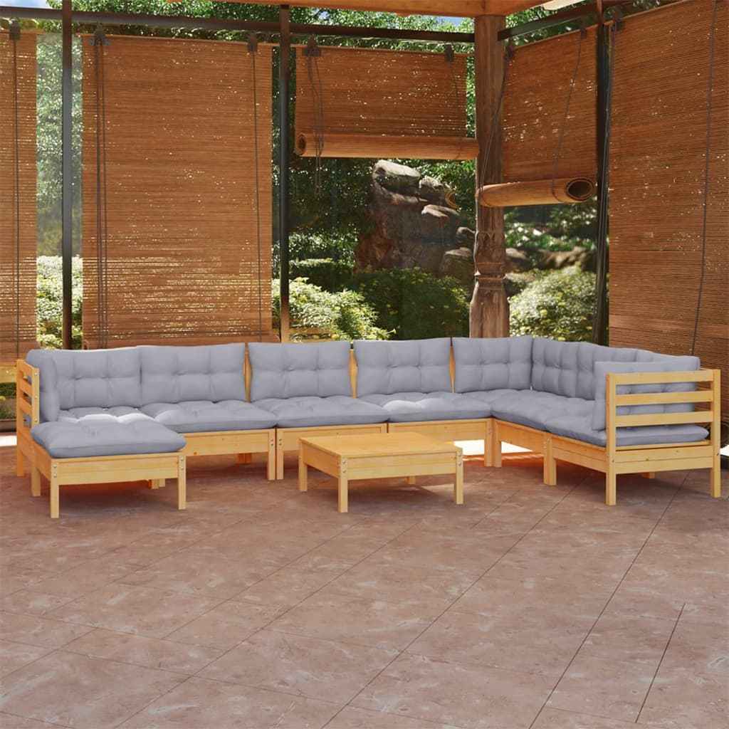 vidaXL 9 pcs conjunto lounge de jardim + almofadões cinza pinho maciço