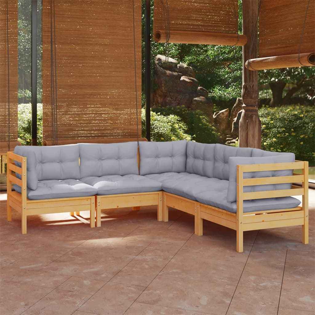 vidaXL 5 pcs conjunto lounge de jardim + almofadões cinza pinho maciço
