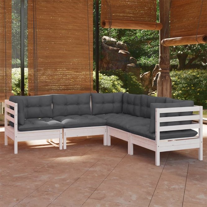 vidaXL 5 pcs conjunto lounge de jardim + almofadões cinza pinho maciço