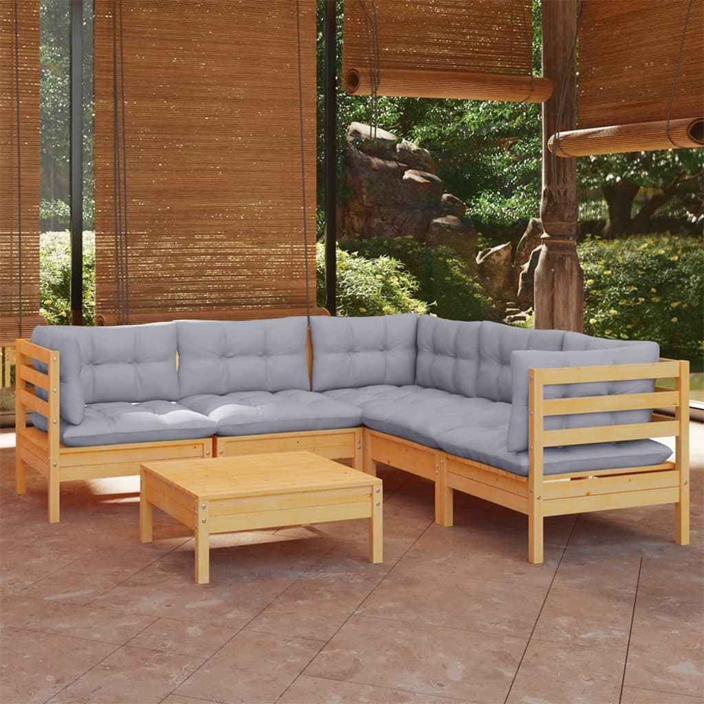 vidaXL 6 pcs conjunto lounge de jardim + almofadões cinza pinho maciço