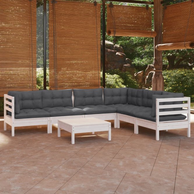 vidaXL 7 pcs conjunto lounge de jardim + almofadões cinza pinho maciço