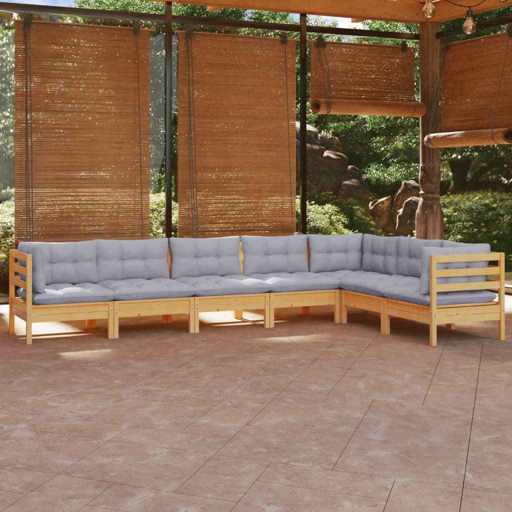 vidaXL 7 pcs conjunto lounge de jardim + almofadões cinza pinho maciço