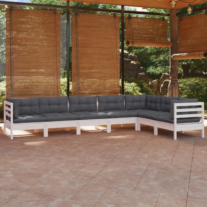 vidaXL 7 pcs conjunto lounge de jardim + almofadões cinza pinho maciço