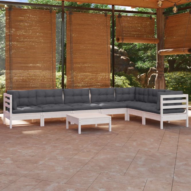 vidaXL 8 pcs conjunto lounge de jardim + almofadões cinza pinho maciço