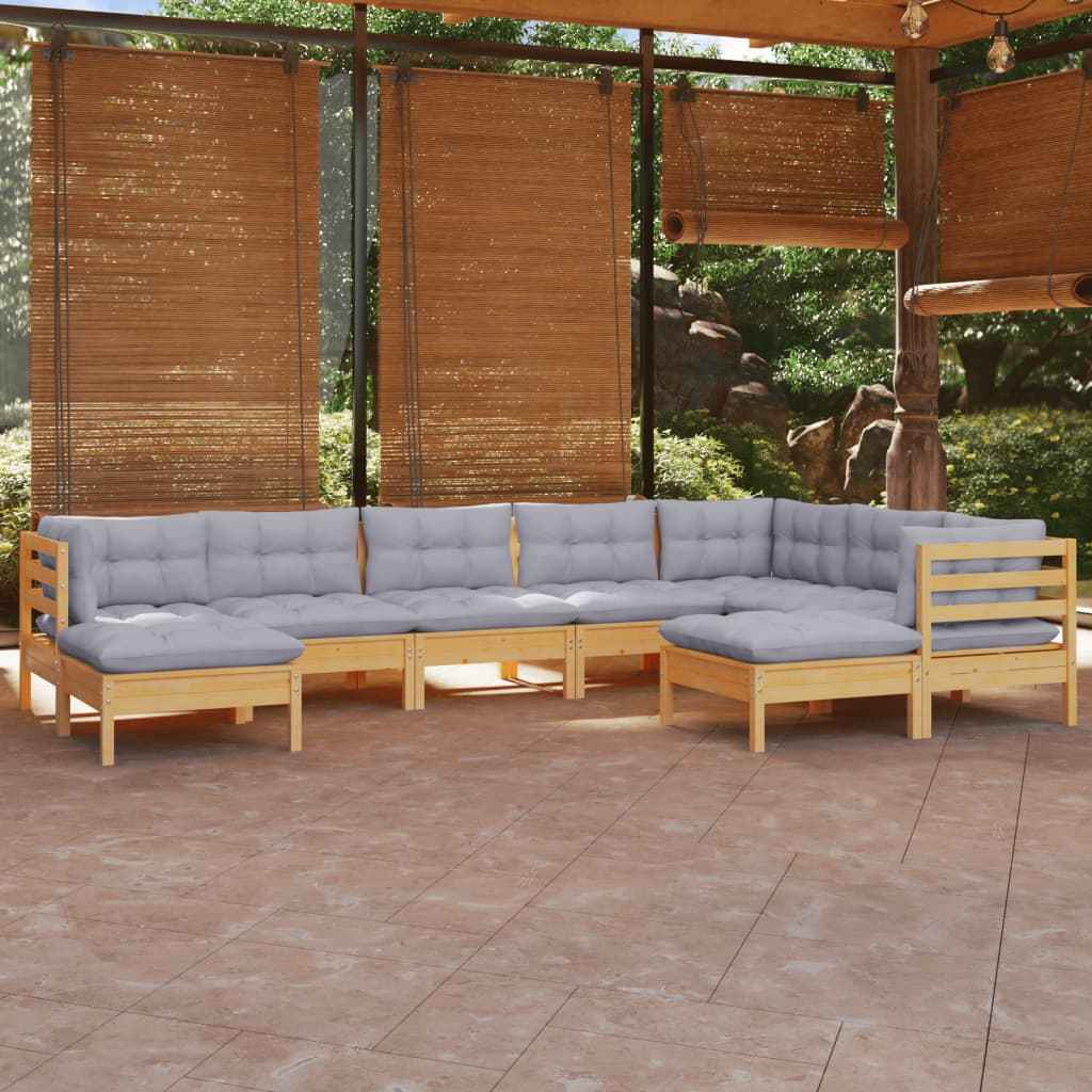 vidaXL 9 pcs conjunto lounge de jardim + almofadões cinza pinho maciço