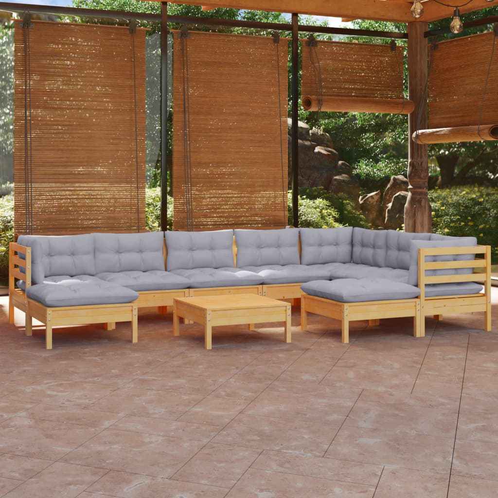 vidaXL 10pcs conjunto lounge de jardim + almofadões cinza pinho maciço