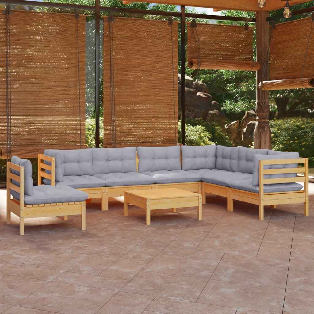 vidaXL 8 pcs conjunto lounge de jardim + almofadões cinza pinho maciço