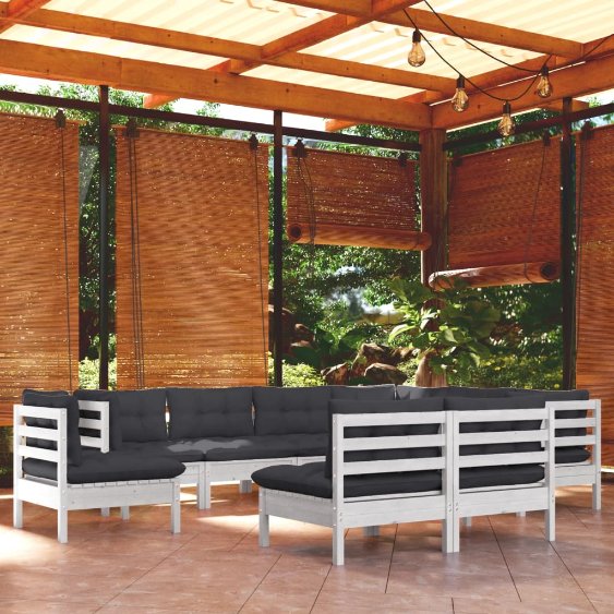 vidaXL 9 pcs conjunto lounge de jardim + almofadões cinza pinho maciço