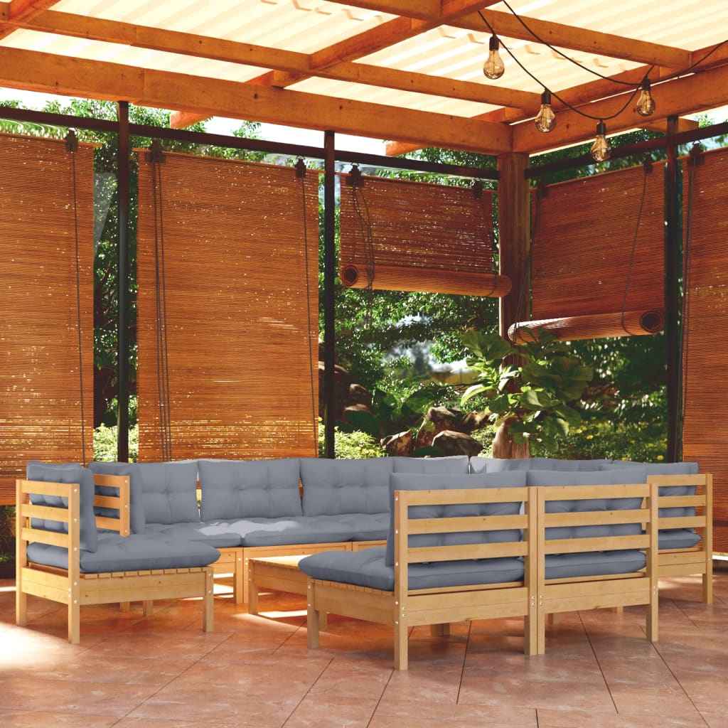 vidaXL 10pcs conjunto lounge de jardim + almofadões cinza pinho maciço