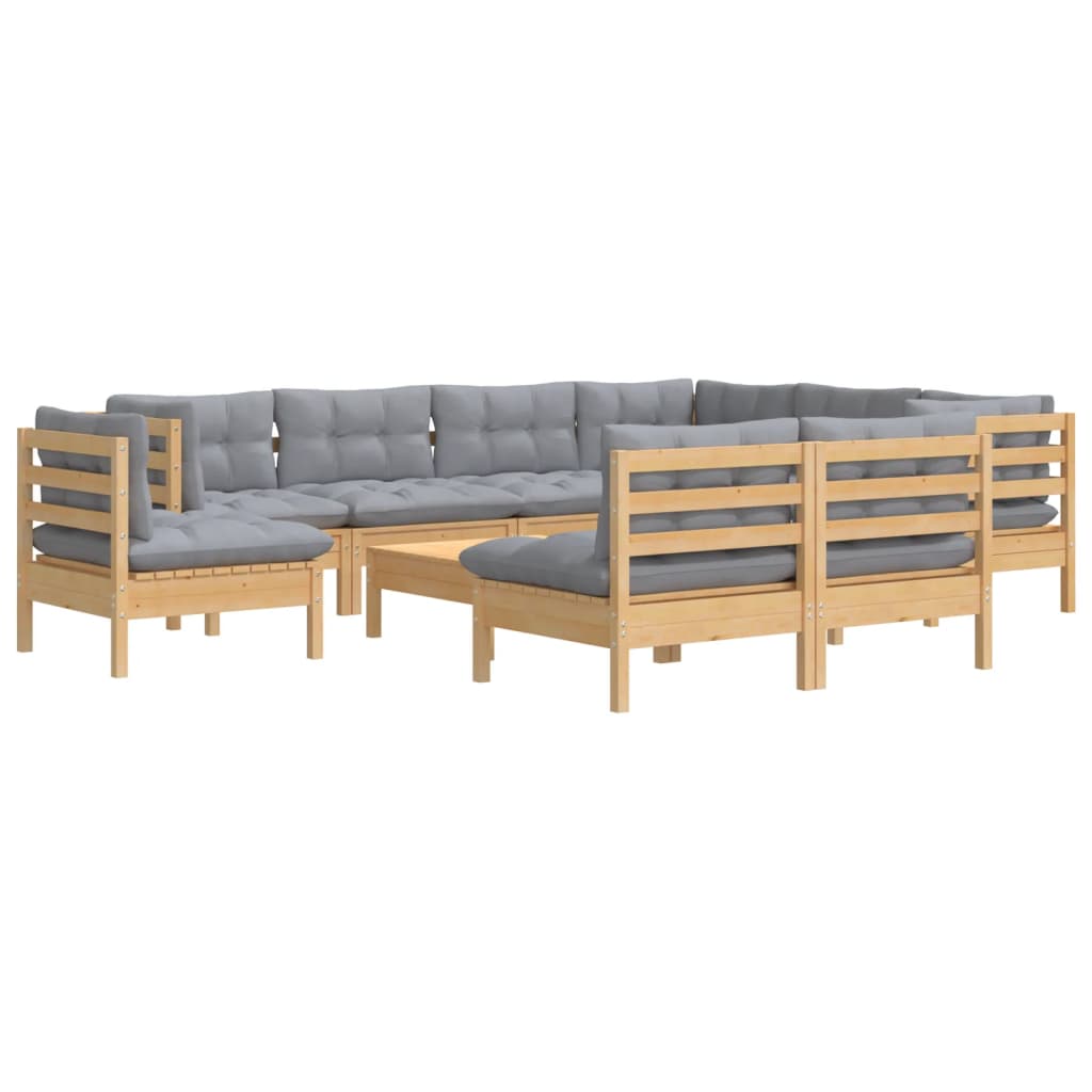 vidaXL 10pcs conjunto lounge de jardim + almofadões cinza pinho maciço