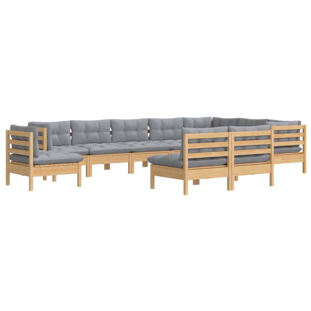 vidaXL 10pcs conjunto lounge de jardim + almofadões cinza pinho maciço