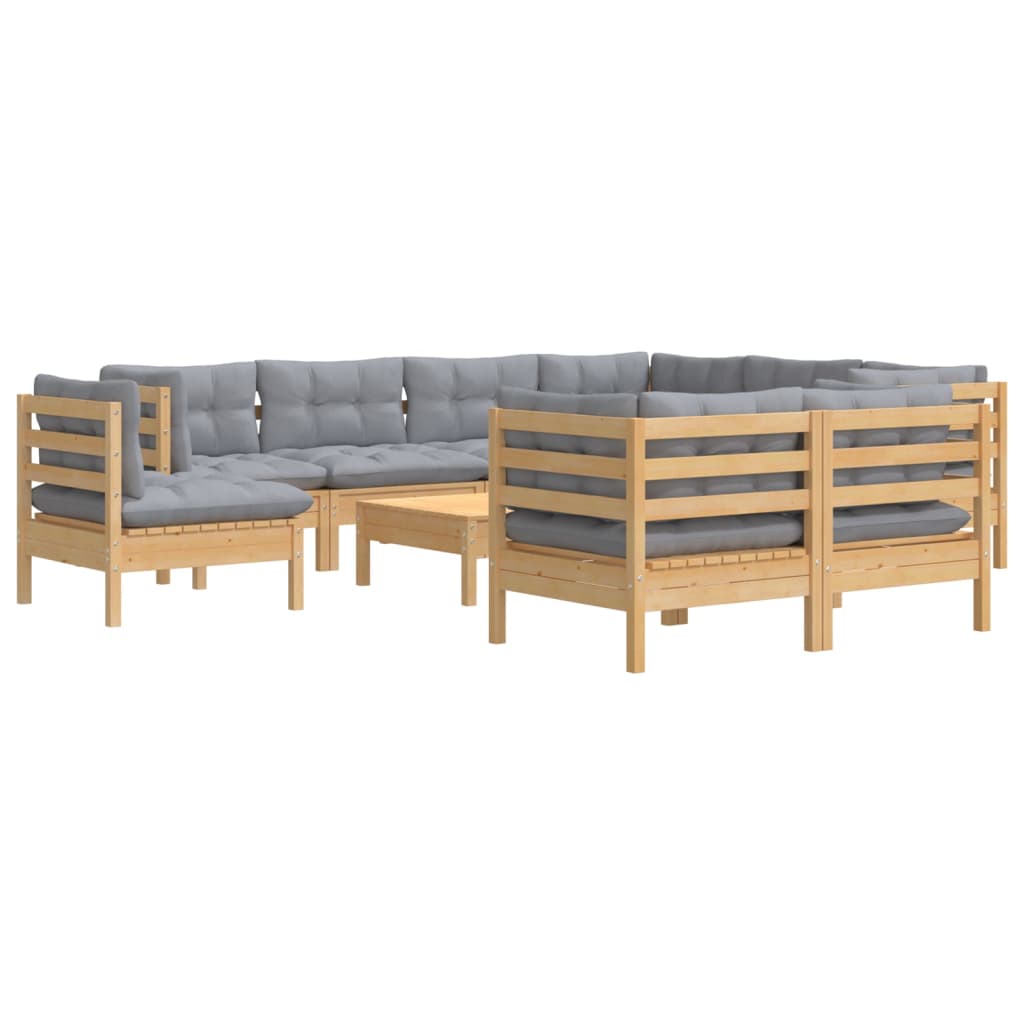 vidaXL 10pcs conjunto lounge de jardim + almofadões cinza pinho maciço