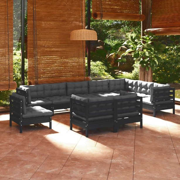 vidaXL 10pcs conjunto lounge de jardim + almofadões cinza pinho maciço
