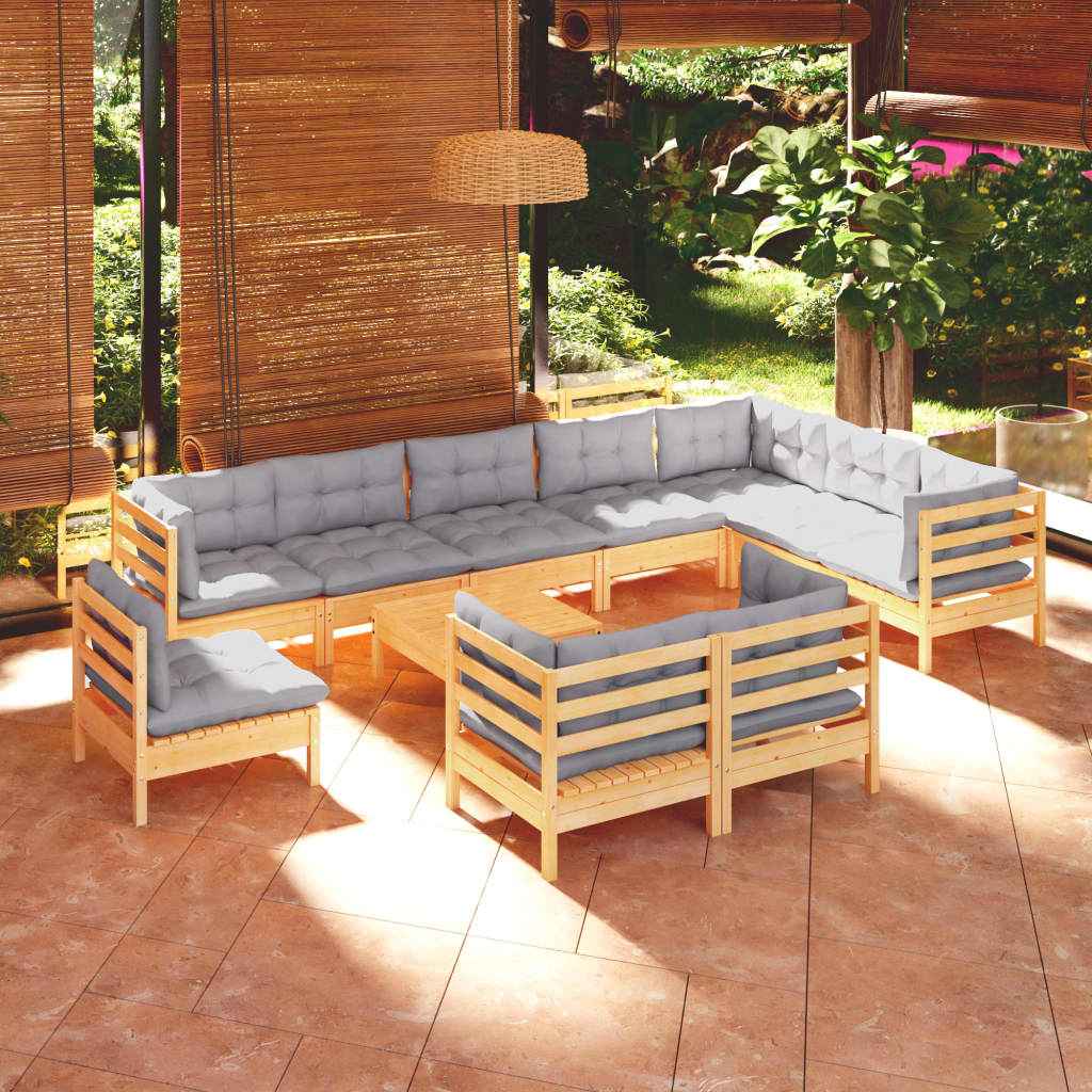 vidaXL 11pcs conjunto lounge de jardim + almofadões cinza pinho maciço