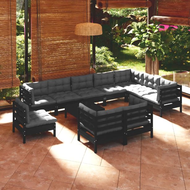 vidaXL 11pcs conjunto lounge de jardim + almofadões cinza pinho maciço
